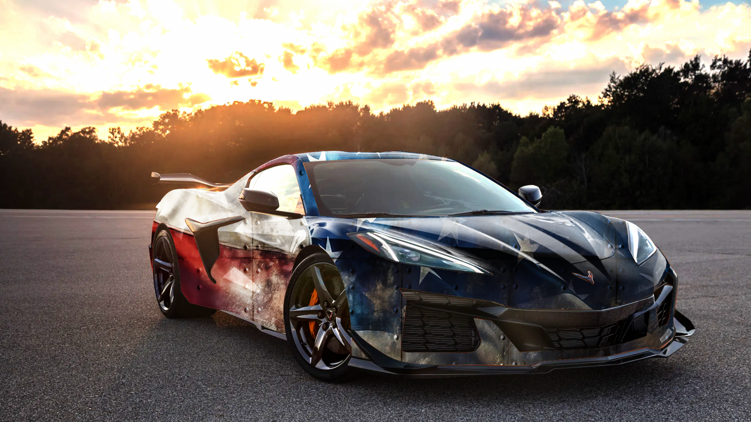 Chevrolet Corvette C8 body style with American flag wrap parked in an empty lot with a dusk sky in the background.